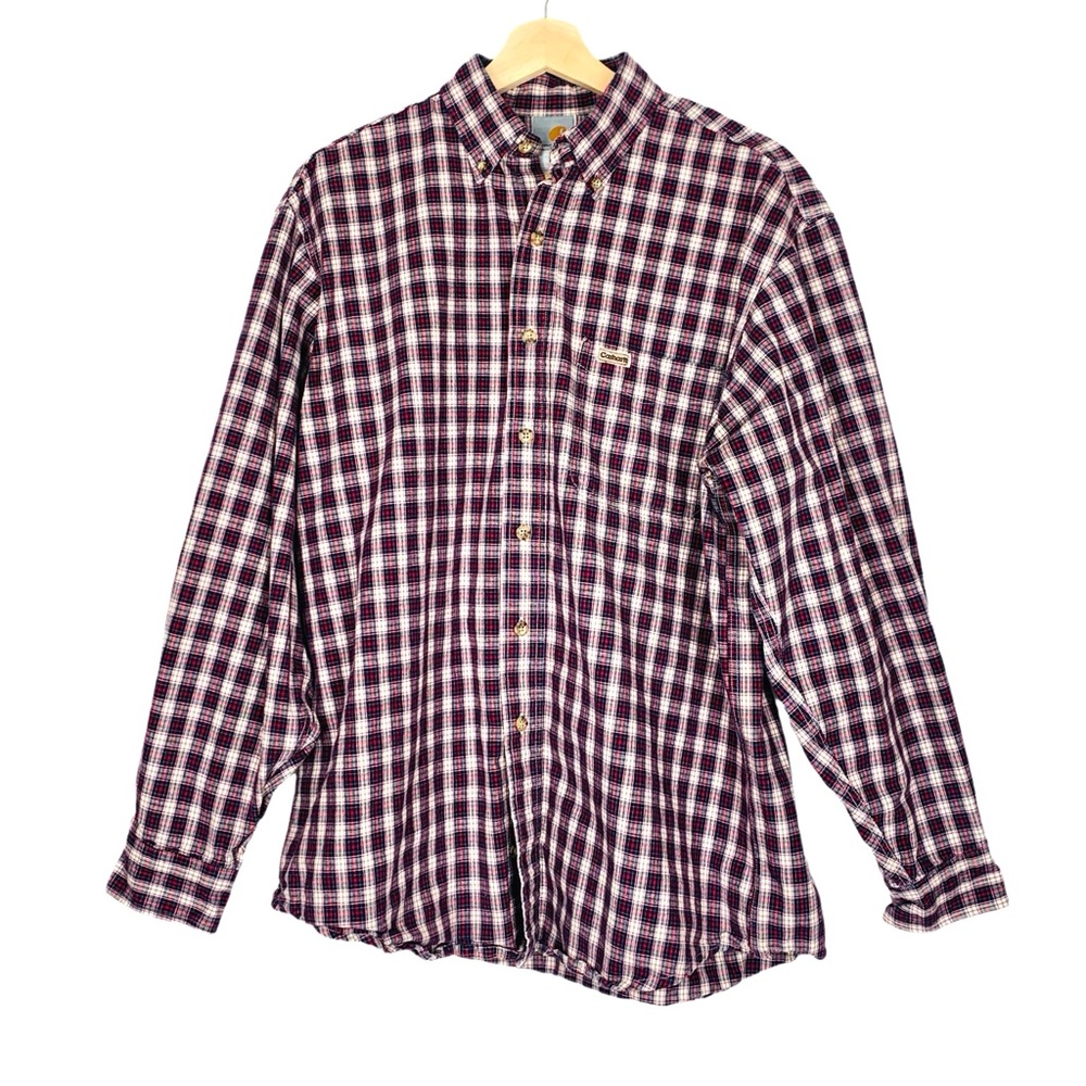 Vintage Carhartt Mens Heavy Cotton Canvas Work Shirt Red Plaid Size Large